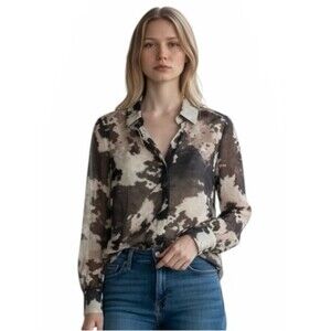 Mint Velvet Abstract Print Sheer Chiffon Long Sleeve Button Down Blouse Size 16